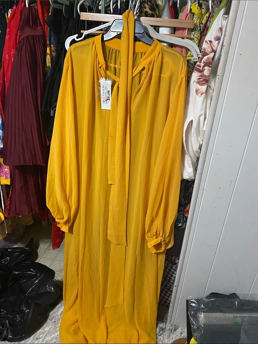 Andrew Marc Mustard Tie-Neck Long Sleeve Maxi Dress